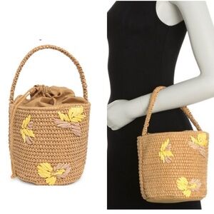Twig and Arrow Raffia Woven Appliqué Bucket Bag with Floral Accents NWT